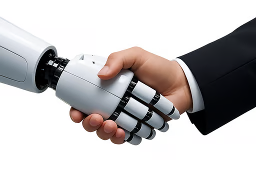 Human and AI robot hands shaking, representing AI-human collaboration