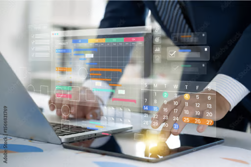 Business professional using laptop with contract management dashboard and calendar overlay